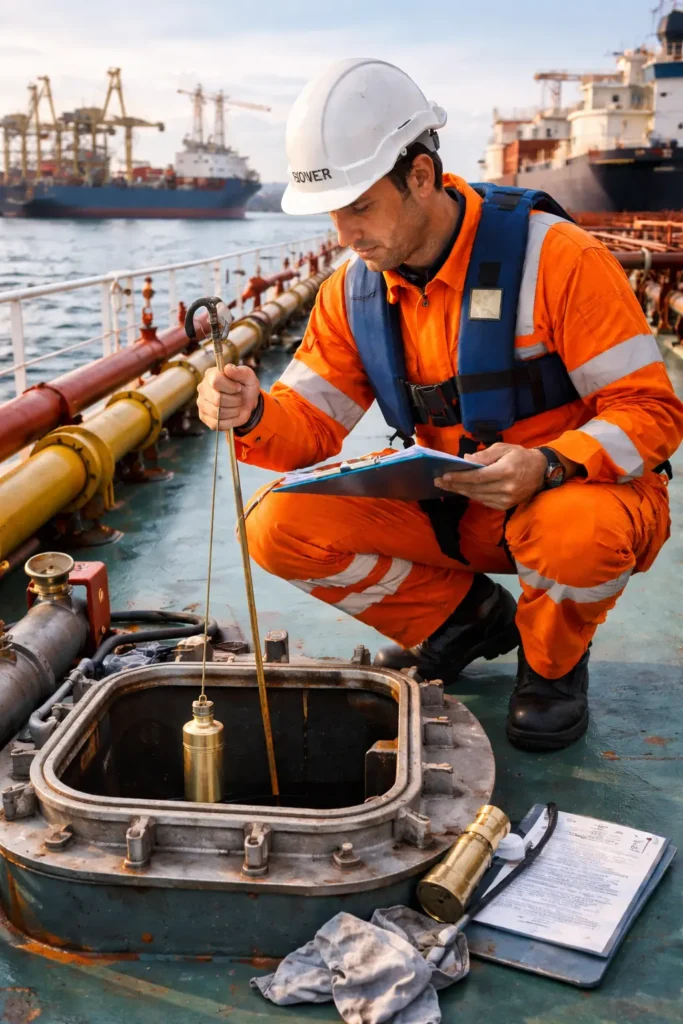 Marine bunker survey fuel quantity measurement on ship during bunkering