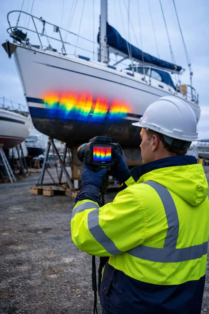 Marine thermographic inspection using thermal imaging to detect faults in ship electrical and mechanical systems